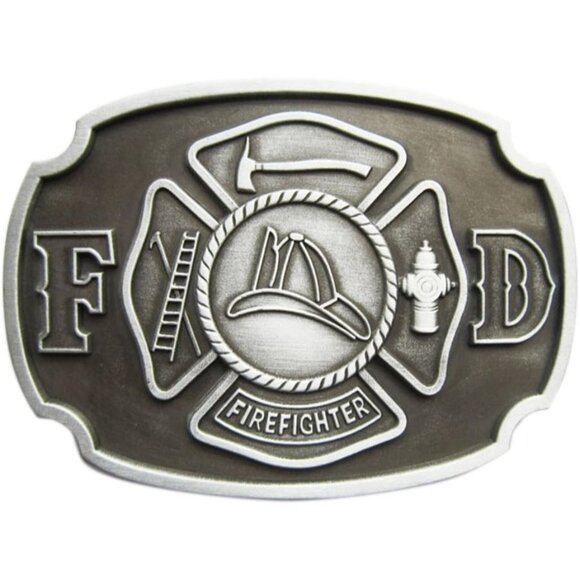 Men's Silver Antique Brushe Metallic Zinc Alloy Firefighter FD Belt Buckle - Picture 1 of 6